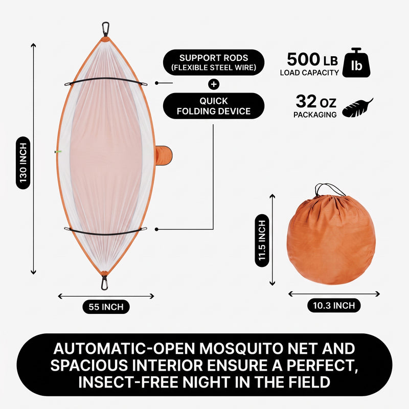 Camping Hammock with Mosquito Net – 1-2 Person, Nylon - 4