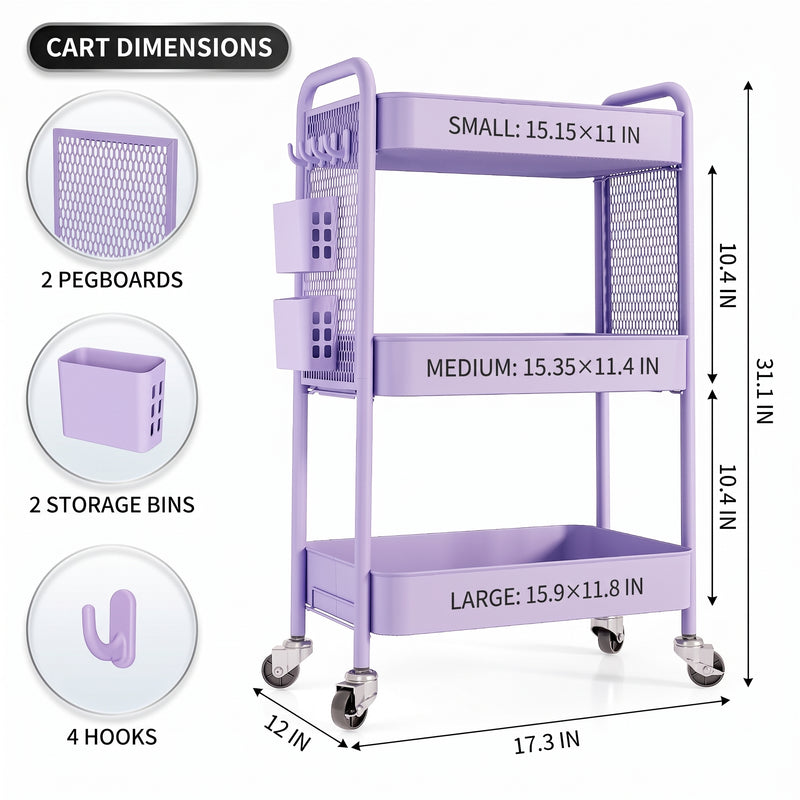 3-Tier Metal Rolling Cart – Foldable or Fixed Pegboard Styles - 4