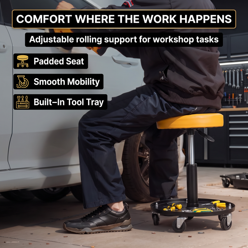 Pneumatic Rolling Mechanic Stool with Wheels – Adjustable Height Shop Stool with Tool Tray, 360° Swivel Seat for Garage & Workshop - 4