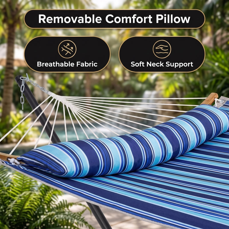 2-Person Outdoor & Indoor Hammock with Adjustable Height, Pillow & Stand – Portable, Sturdy, Colorful - 4
