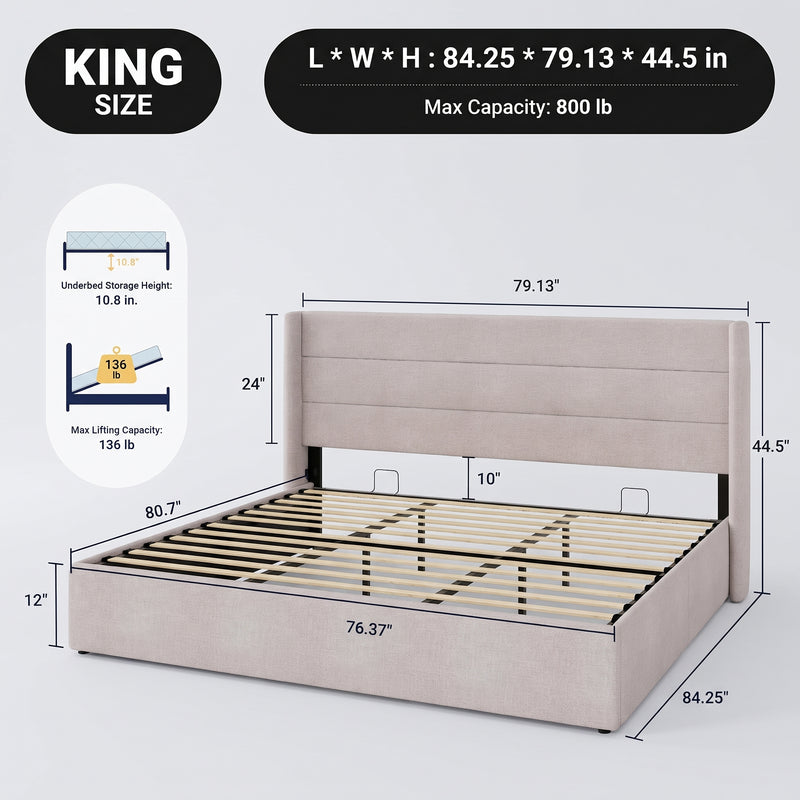 Lift-Up Storage Bed Frame with Upholstered Wingback Headboard - 4
