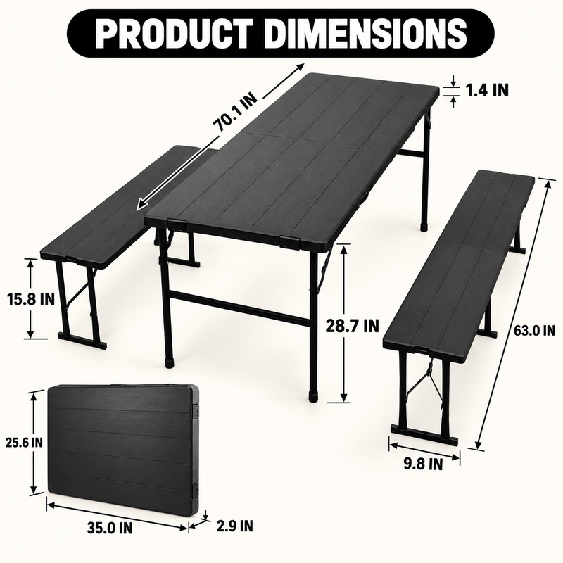 6 Ft Folding Picnic Table with 2 Benches (3-Piece Set) - 4