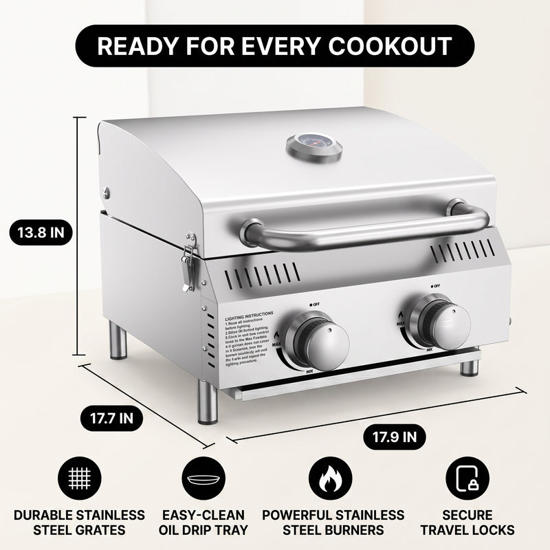 PORTABLE STAINLESS STEEL TABLETOP PROPANE GRILL – 2 & 3 BURNER OUTDOOR BBQ OPTIONS - 4