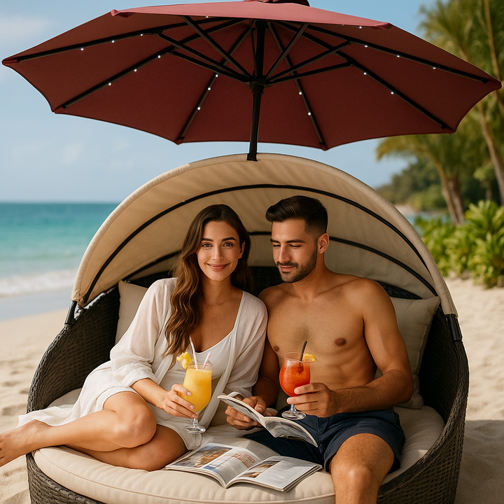 Premium 106" Red Solar-Powered Market Patio Umbrella with LED Lights and Concrete Base