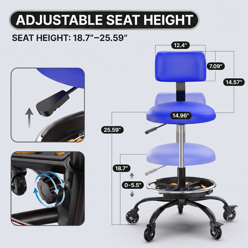 Rolling Mechanic Chair with Backrest and Footrest – Heavy Duty Shop Stool with Wheels, Adjustable Height Swivel Garage Chair - 4