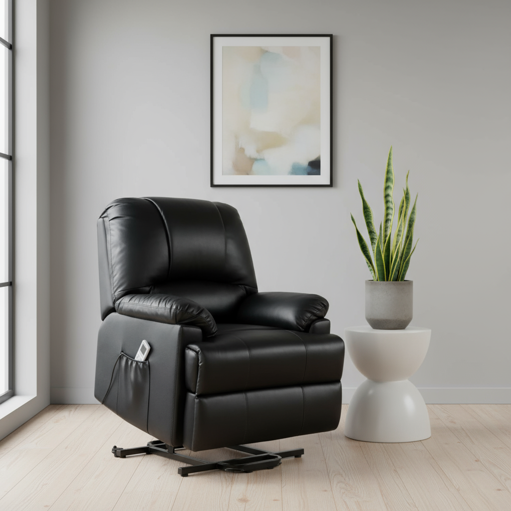 34" Black Faux Leather Power Massage Lift Assist Recliner