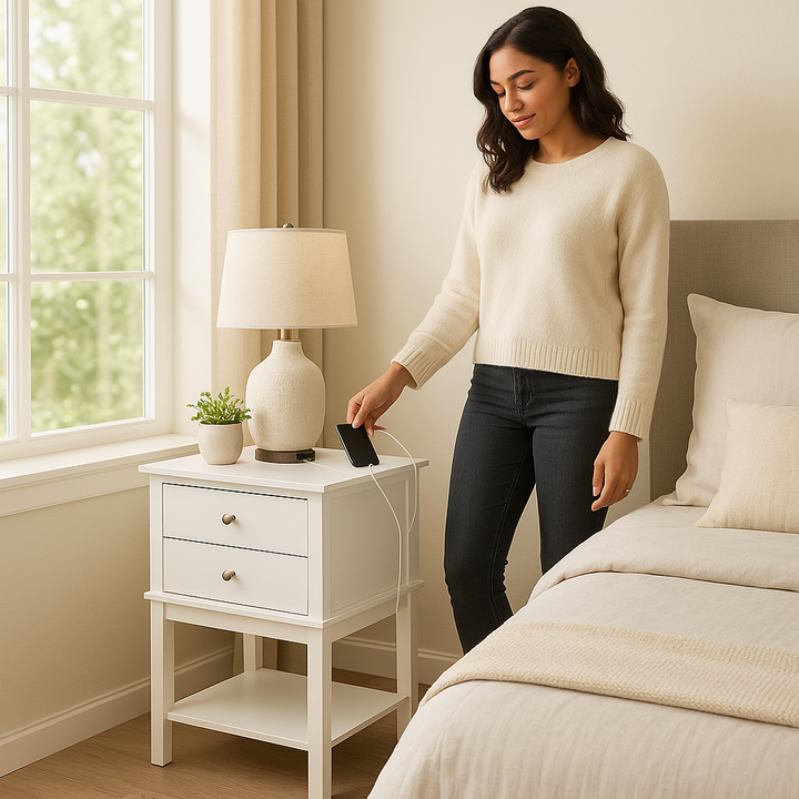 TechStation Pro 28" White Nightstand with Smart Charging Station – 2-Drawer Bedside Table with USB Ports