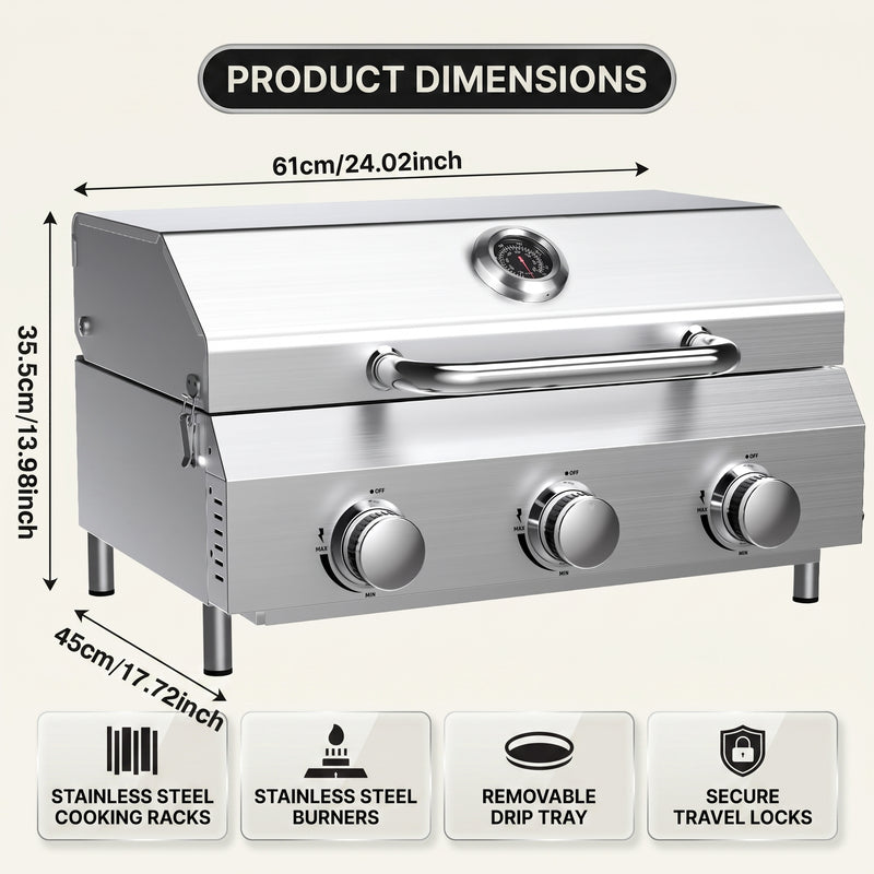 PORTABLE STAINLESS STEEL TABLETOP PROPANE GRILL – 2 & 3 BURNER OUTDOOR BBQ OPTIONS - 4