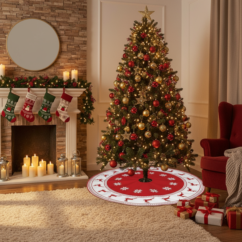 Red Christmas Skirt Tree Tree Skirts Winter Tree Skirt 23.6 Inch Holiday Tree Skirt Red Cover Snowflake Reindeer Home Decor
