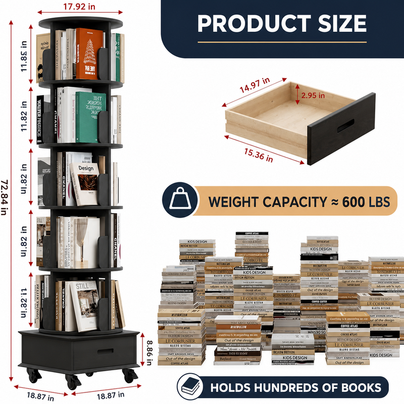 Rotating Bookshelf Tower – 360° Spinning Bookcase | 5 & 6-Tier, Solid Wood & MDF - 4