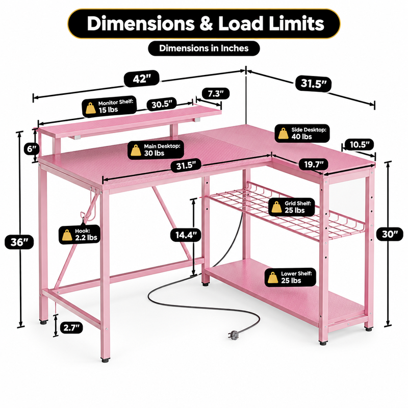 L-Shaped Gaming Desk with LED Lights & Power Outlets - 4 b