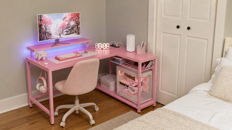 L-Shaped Gaming Desk with LED Lights & Power Outlets fit and scale thumbnail 4