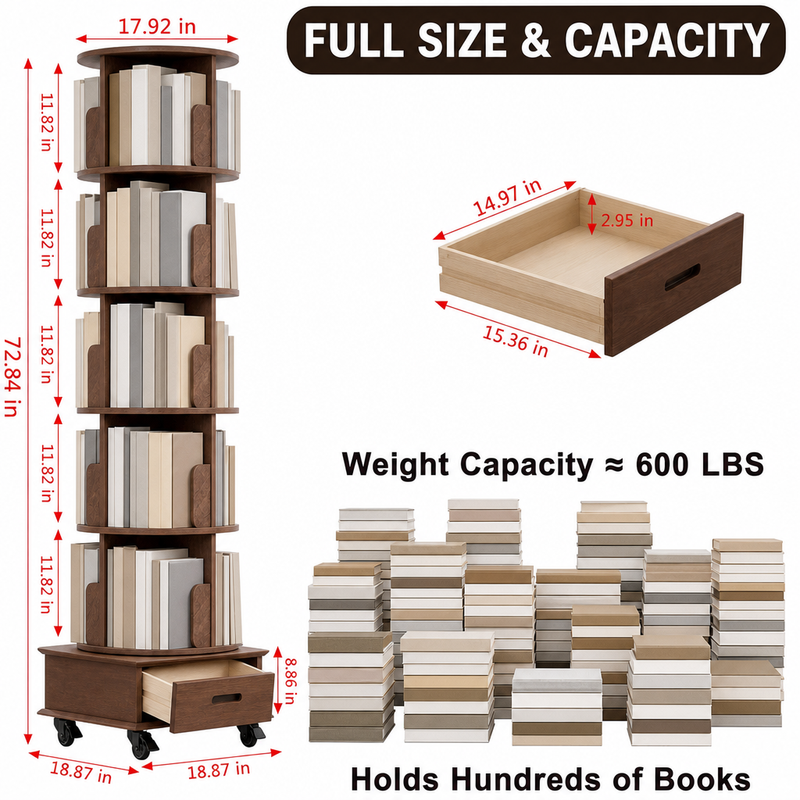 Rotating Bookshelf Tower – 360° Spinning Bookcase | 5 & 6-Tier, Solid Wood & MDF - 4