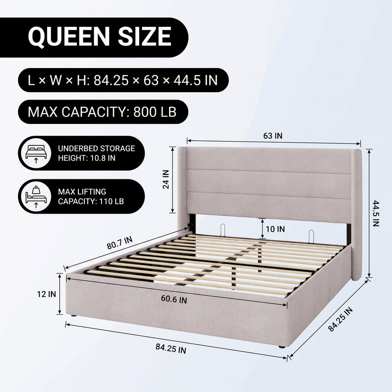 Lift-Up Storage Bed Frame with Upholstered Wingback Headboard - 4