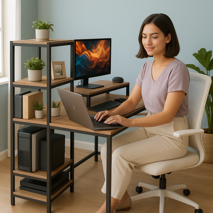 Industrial Pro 59" Computer Desk with Monitor Stand & Reversible 4-Tier Storage Shelf – Brown