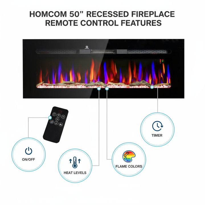 HOMCOM 50" Electric Fireplace Recessed and Wall Mounted with Remote Control, 1500W Fireplace Heater with 8H Timer, Adjustable Flame Color and Brightness, Log and Crystal