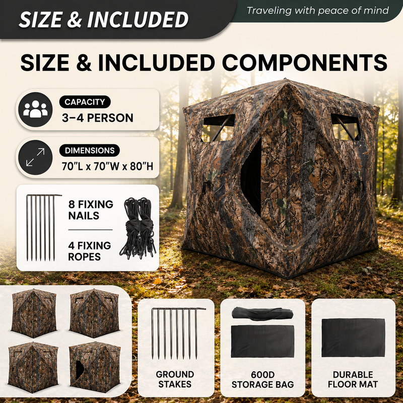 Hunting Blind with Floor Mat, 360 Degree See Through Ground Blind with Carrying Bag, 2/3/4 Person Pop Up Camouflage Tent Portable Concealed Shelter - 4