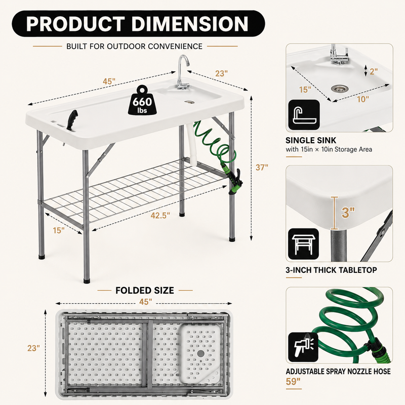 Folding Fish Cleaning Table with Sink & Sprayer Options - 4