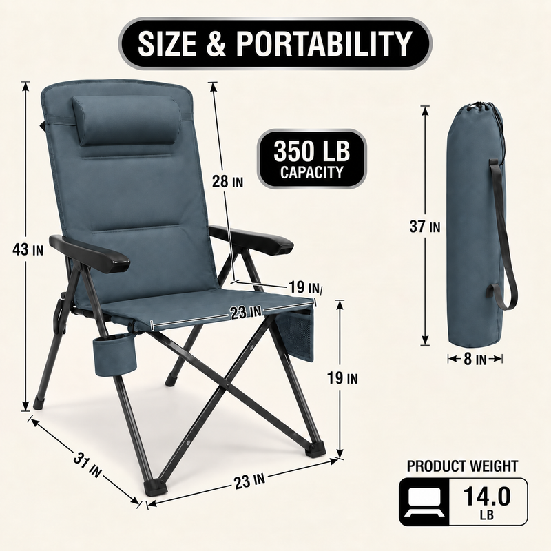 Reclining Camping Chair – 3-Position High-Back Folding Chair with Lumbar Support - 4