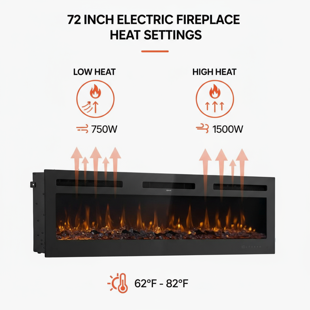 72 inch Electric Fireplace Wall Mounted Recessed with Remote Control 1500W