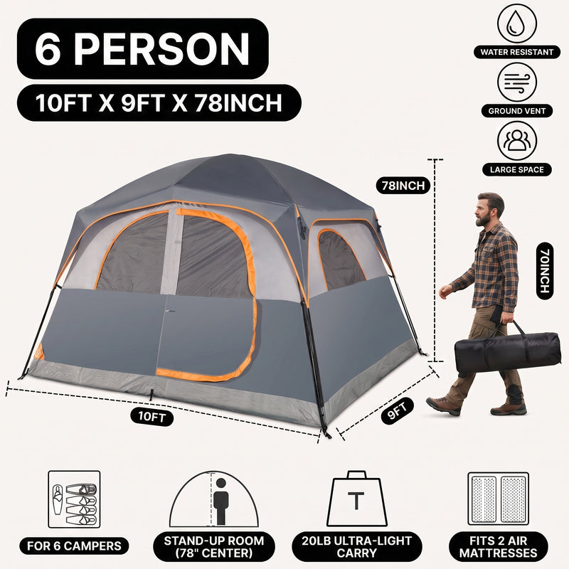 4-6 PERSON INSTANT CABIN CAMPING TENT – WATERPROOF FAMILY TENT WITH RAINFLY & CARRY BAG - 4