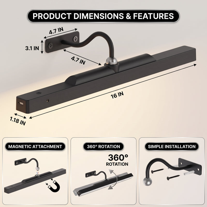 Picture Lights for Wall, Rechargeable Battery Operated LED Gallery Light Bar with Remote & Timer, Dimmable Wireless Wall Sconce for Paintings & Frames - 4