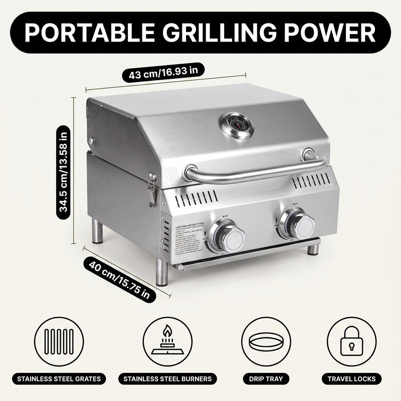 PORTABLE STAINLESS STEEL TABLETOP PROPANE GRILL – 2 & 3 BURNER OUTDOOR BBQ OPTIONS - 4