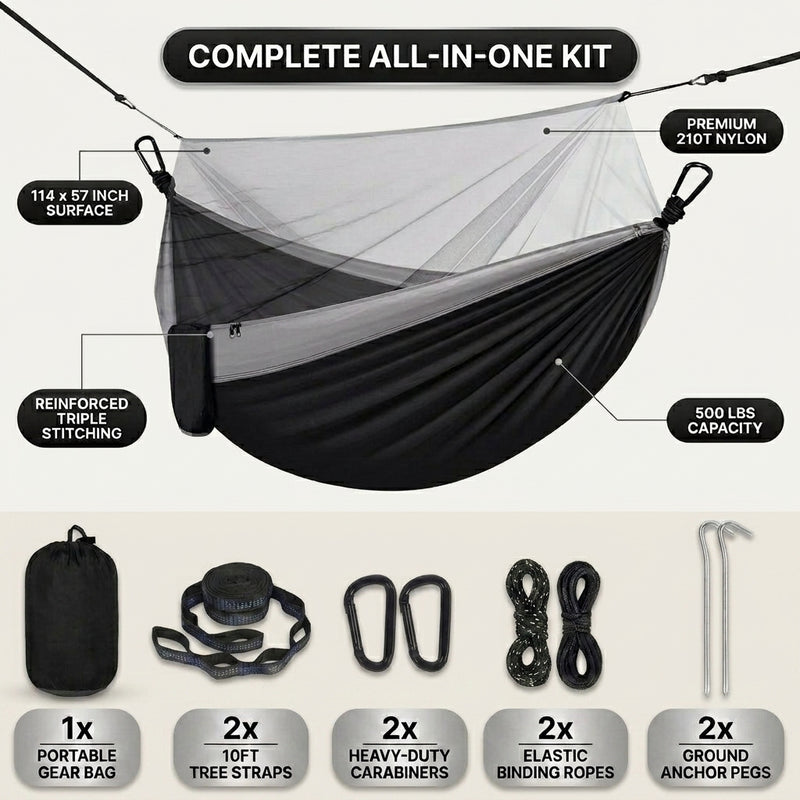 Over 600lbs Hammock, 1-2 person, Nylon with Mosquito Net - 4
