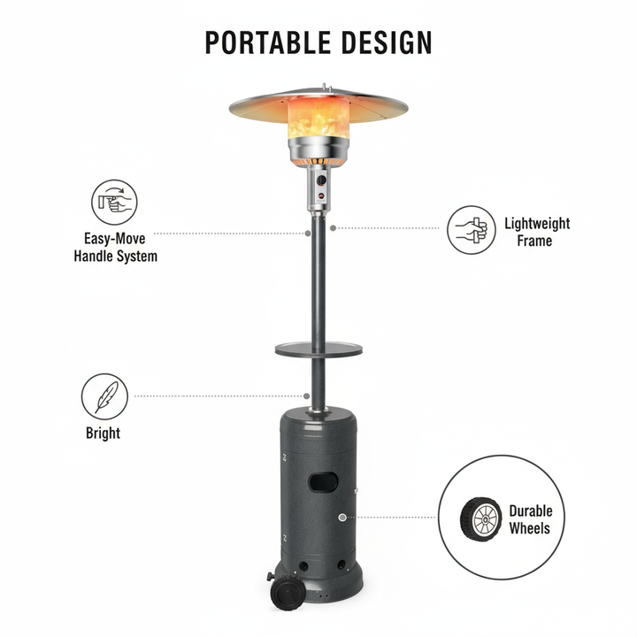 Outdoor Heater Propane Standing LP Gas Steel with Table and Wheels