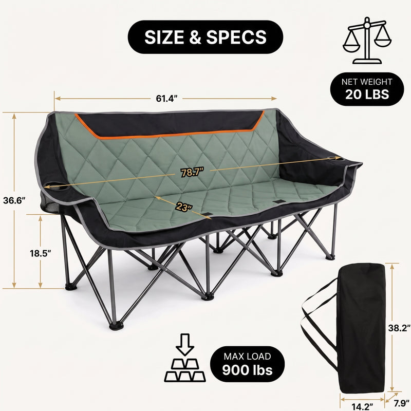 Oversized Padded 3-Person Folding Camping Loveseat Chair – Heavy Duty Outdoor Seating - 4