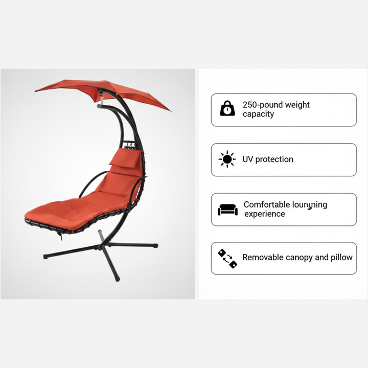 Outdoor Hanging Chaise Swing Orange - Lounger Chair with UV Canopy, Cushion & Stand for Garden Porch Comfort