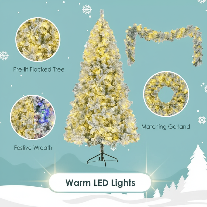 6FT Snow Flocked Christmas Tree Pre Lit Set With Tree Garland Wreath,Artificial Hinged Xmas Tree With Colorful LED Lights8 Lighting Modes, Pine Cones