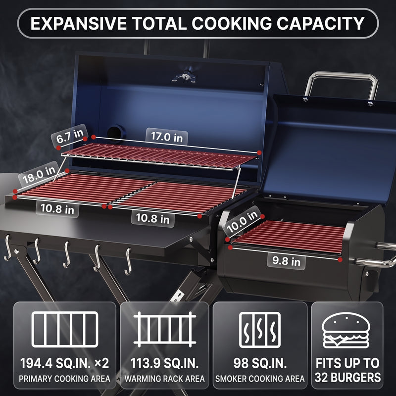 Portable Charcoal Grill with Smoking Function, Foldable Suitcase Design with Wheels, Multi-Tier Storage Rack & Waterproof Cover for Outdoor BBQ Parties - 4