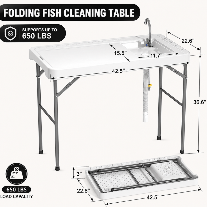 Folding Fish Cleaning Table with Sink & Sprayer Options - 4