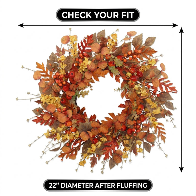 22-Inch Artificial Fall Wreath for Front Door – Berry, Pumpkin & Floral Styles - 4