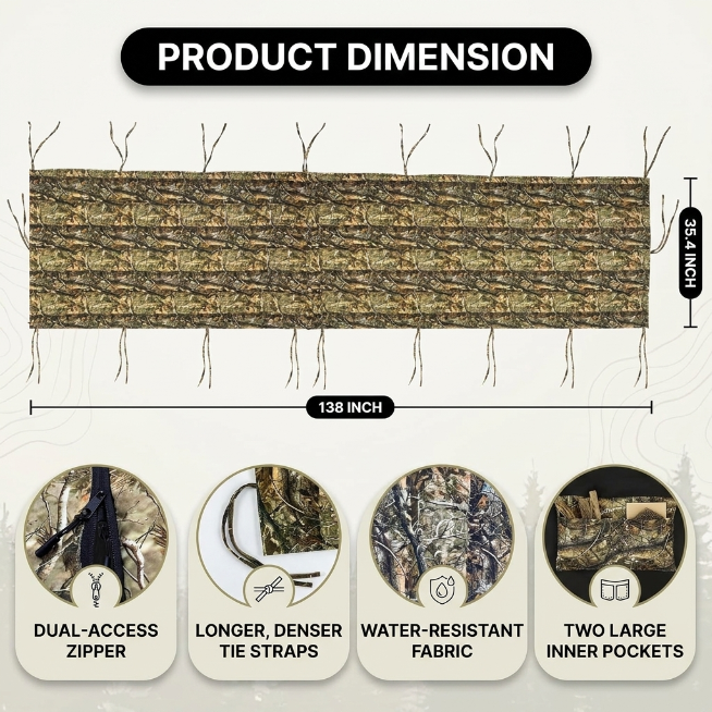 Hunting Tree Stand Blinds Cover 142" x 35" Extra Large Camouflage Universal Tree Stand Blinds Realistic Forest Camo Treestand Cover with Zipper for Deer Elk Hunting, Frames Not Included - 4