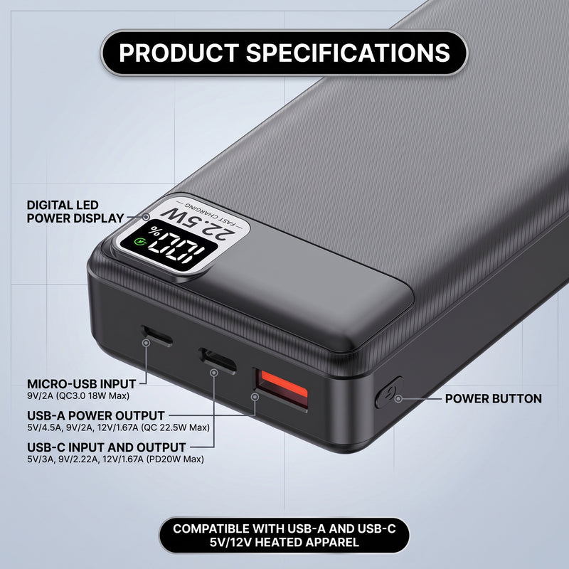 15,000–20,000MAH 5V/2A USB BATTERY PACK – RECHARGEABLE POWER BANK FOR HEATED CAMPING CHAIRS & BLANKETS - 4
