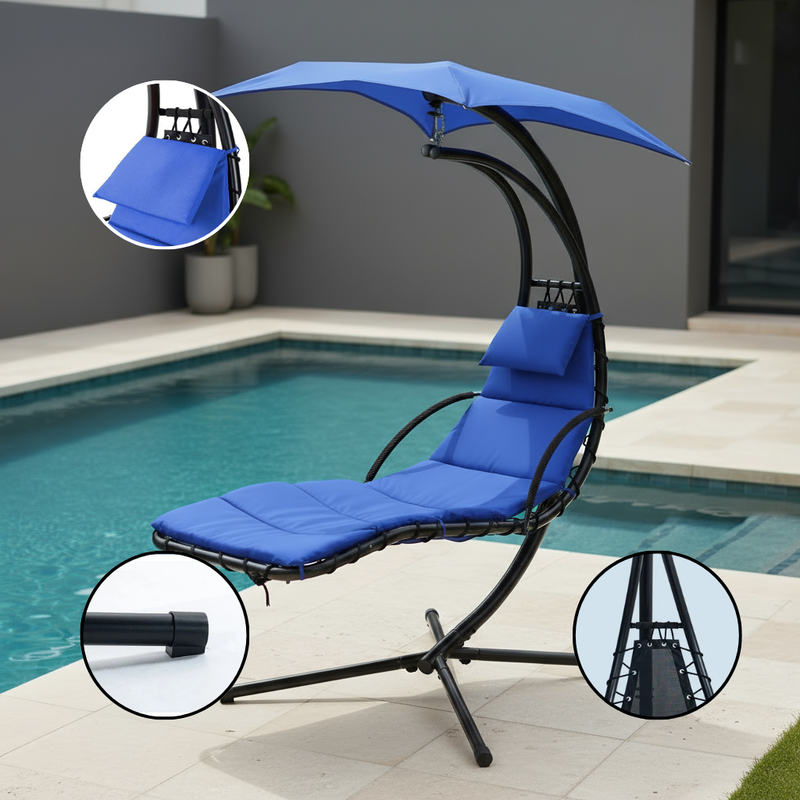 Hanging Chaise Lounger Chair with Removable Canopy & Built-in Pillow – Freestanding Outdoor Swing (Blue) | Trufairs