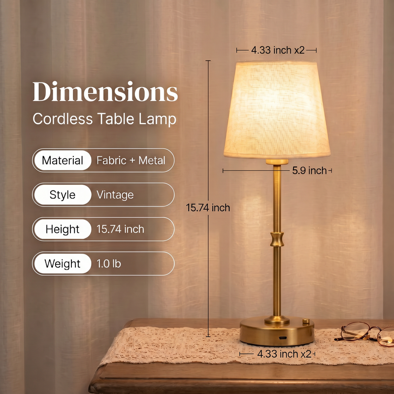 Cordless Rechargeable Table Lamp with Fabric Shade – Dimmable LED Desk Lamp - 4
