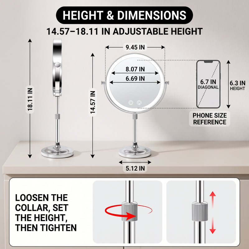 Double-Sided Magnifying Makeup Mirror – LED, Rechargeable, Height-Adjustable - 4