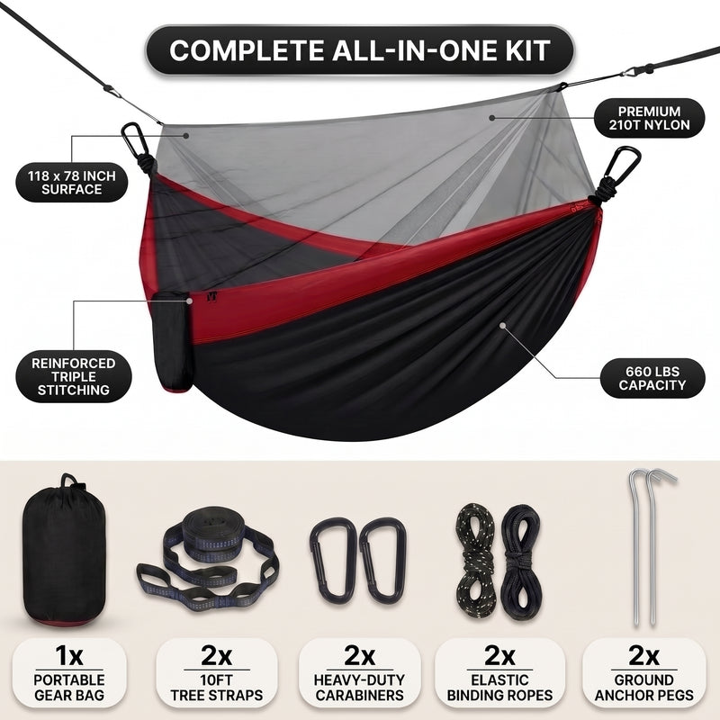 Camping Hammock with Mosquito Net – 1-2 Person, Nylon - 4