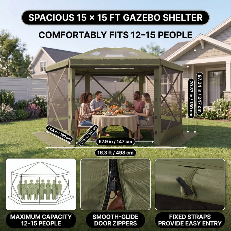 15x15 Pop-Up Gazebo Screen Tent – Large Outdoor Screen House with Mesh Walls & Carry Bag - 4