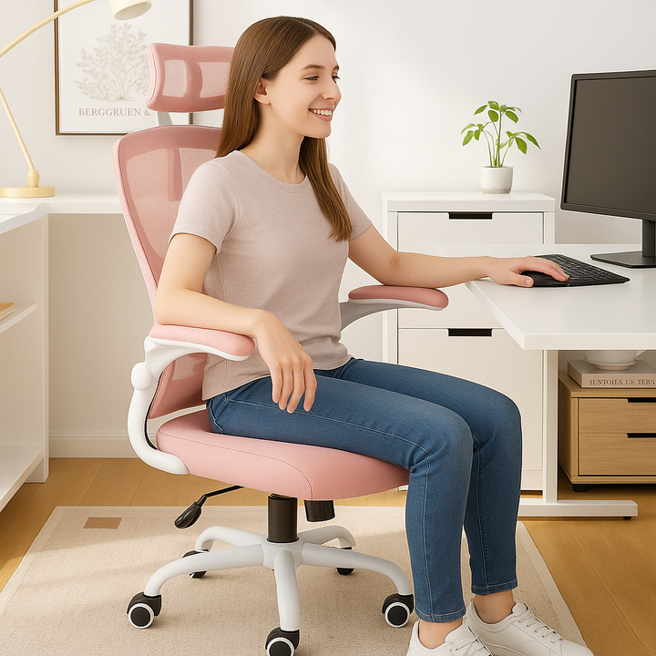 ErgoBliss Pink Mesh Ergonomic Office Chair – Flip-Up Arms, Lumbar Support, Headrest