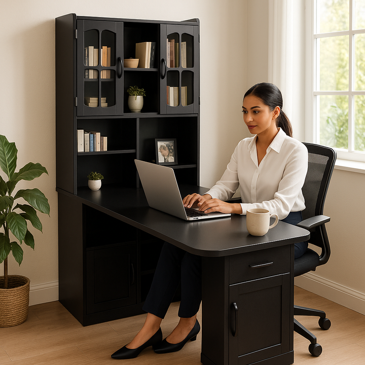ModernSpace Executive Pro L-Shaped Corner Computer Desk with Integrated Bookshelf Hutch & Storage System — Black
