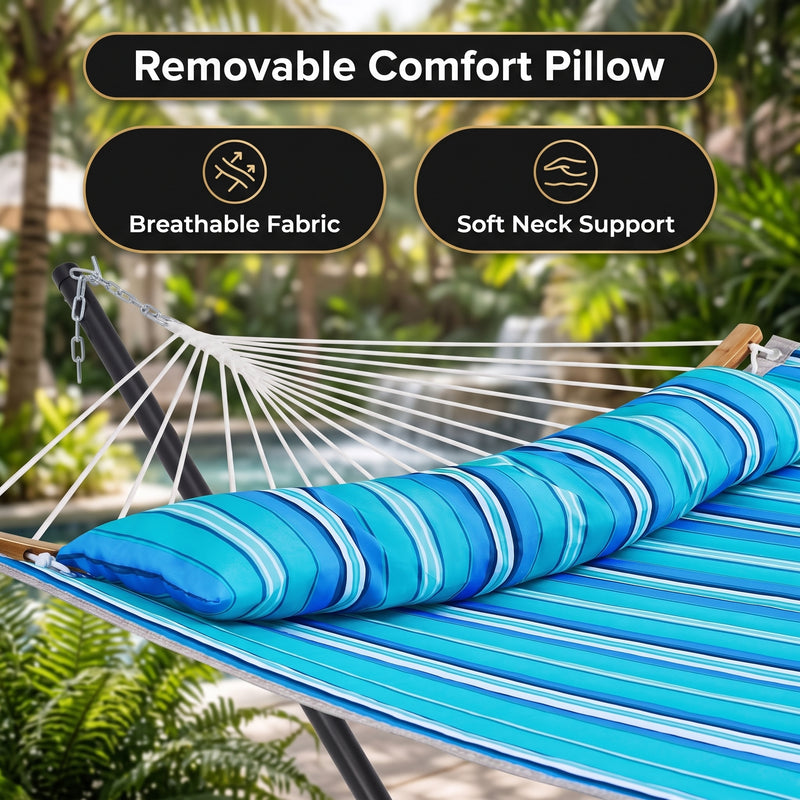 2-Person Outdoor & Indoor Hammock with Adjustable Height, Pillow & Stand – Portable, Sturdy, Colorful - 4