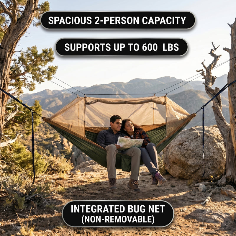 Over 600lbs Hammock, 1-2 person, Nylon with Mosquito Net - 4