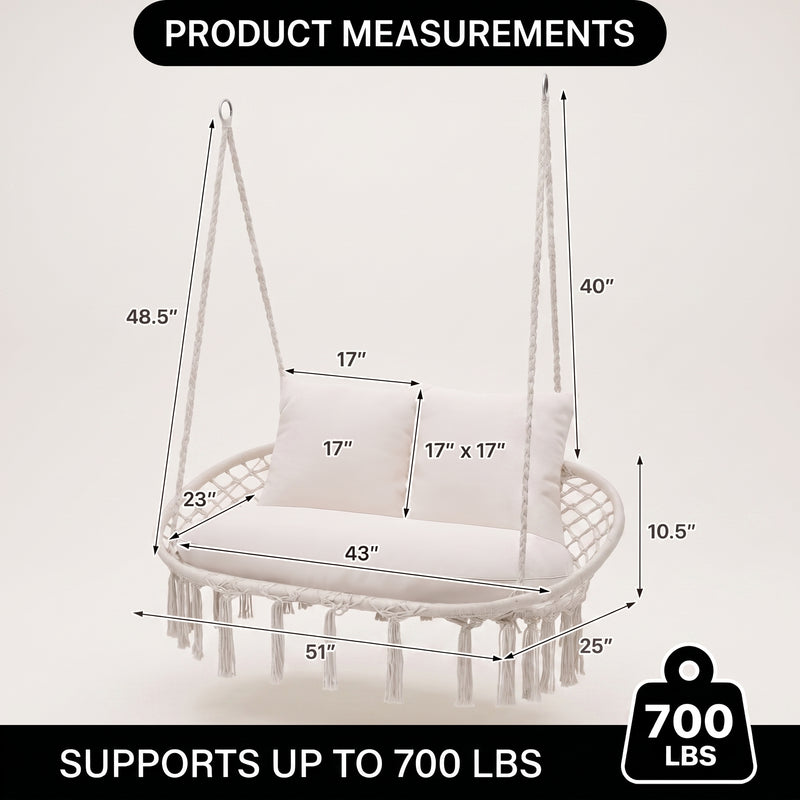 2-Person Hanging Hammock Chair with Cushion – Boho Macrame Swing for Indoor & Outdoor Relaxation - 4