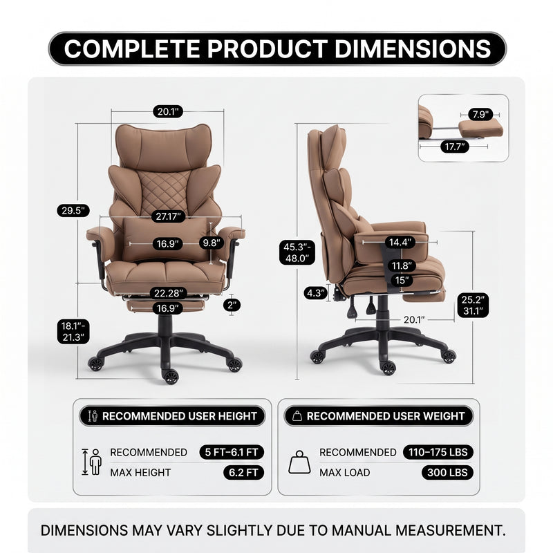 Big & Tall Office Chair with Footrest – Reclining Ergonomic Executive Chair, Wide Memory-Foam Seat, Adjustable Height - 4