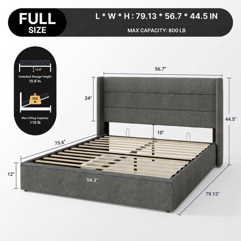 Lift-Up Storage Bed Frame with Upholstered Wingback Headboard - 4