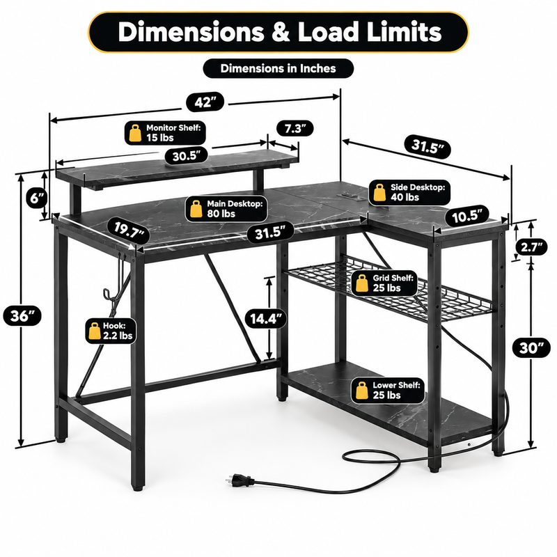 L-Shaped Gaming Desk with LED Lights & Power Outlets - 4  